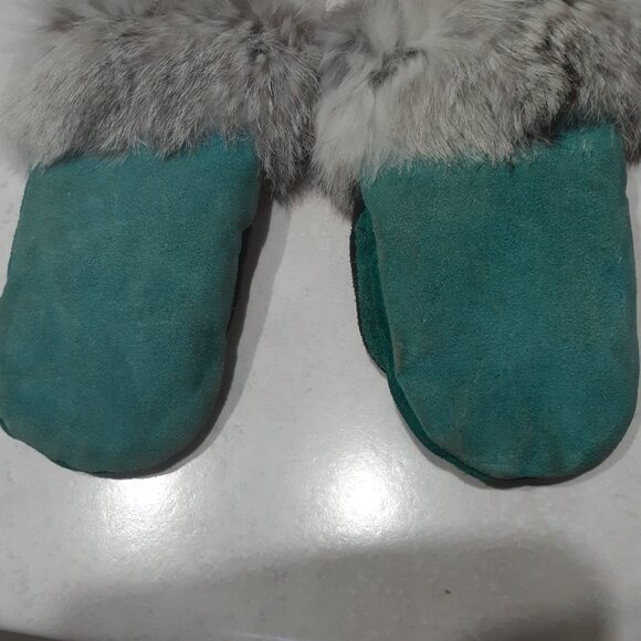 Children's Leather and Real Fur mittens - green leather - Picture 4 of 11